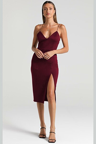 Madmext Burgundy V-Neck Slit Satin Dress MG1742