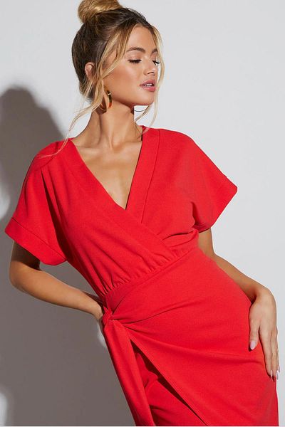 Madmext Women's Double Breasted Collar Red Midi Dress MG2036
