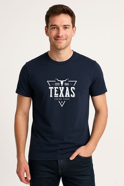 Let's Wear Ανδρικό μπλουζάκι Texas Printed από 100% οργανικό βαμβάκι Basic χτενισμένο βαμβακερό μπλουζάκι Navy Blue