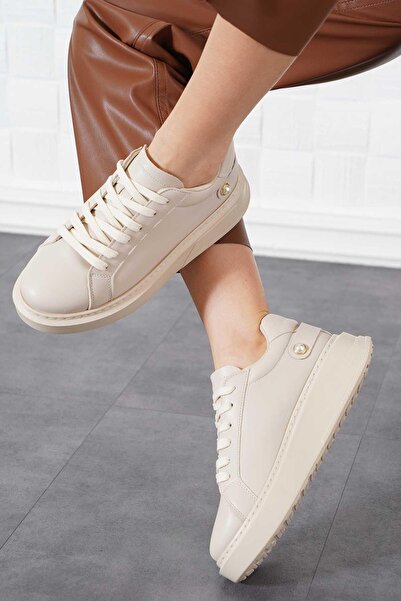 Moda Pie Musy Kalın Taban Arka İncili Kadın Spor Ayakkabı Bej Cilt