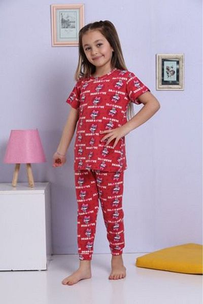 Yağmur Giyim Elmkp Red Kitten Pattern Girl's Pajamas Set 3-10 Years 1173