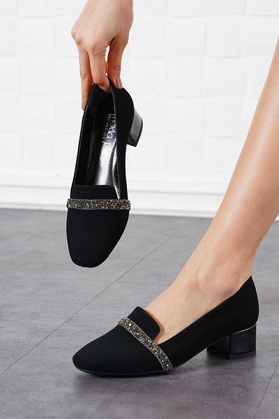 Moda Pie Pantofi cu toc pentru femei Denas Single Strip Stone Velvet negru