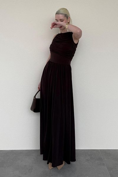 Madmext Καφέ Flowy μακρύ γυναικείο φόρεμα Mg2364