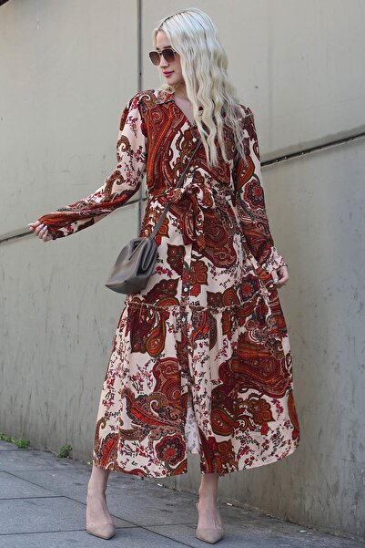 Madmext Λευκό Γυναικείο Μακρύ Φόρεμα με Σχέδιο Σάλι Mg1819