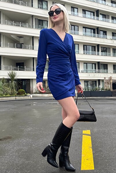 Madmext Saks duplasoros gallér nyakkendő részletes női ruha Mg1629