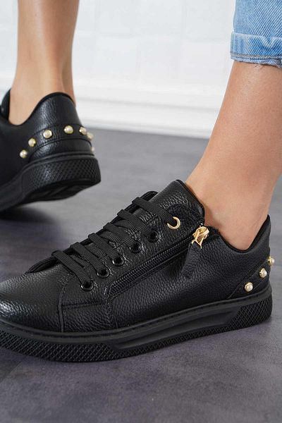 Moda Pie Pantofi sport Delpa pentru femei cu perle din spate piele neagră