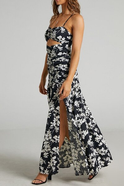 Madmext Siyah Uzun Desenli Dekolteli Kadın Elbise Mg1420