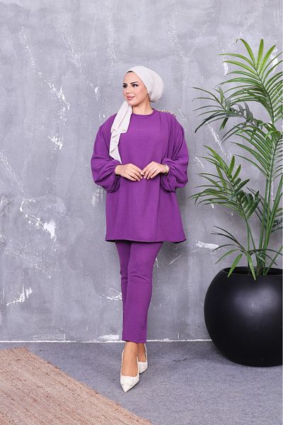 zümrüt moda Chain Detailed , Balloon Sleeve Tunic and Pants, Double Tunic Suit 1407