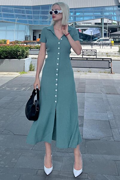 Madmext Mint Yeşili Düğmeli V Yaka Uzun Triko Elbise MG2078