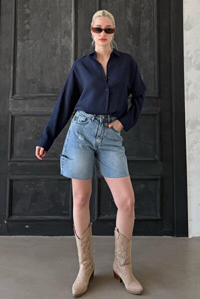 Madmext Sötétkék hosszú ujjú oversize ing MG2003