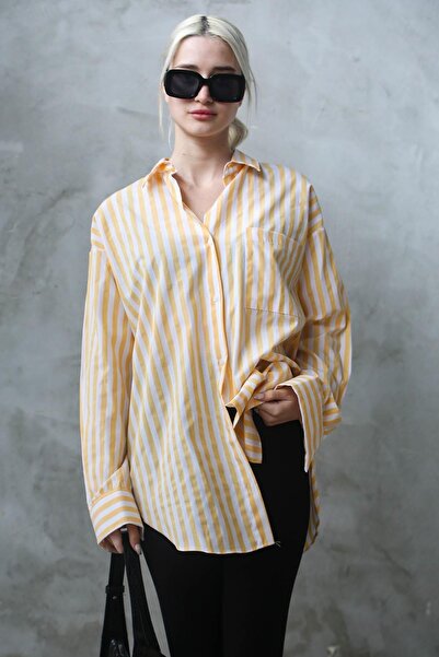 Madmext Yellow Striped Oversize Women's Shirt Mg1688