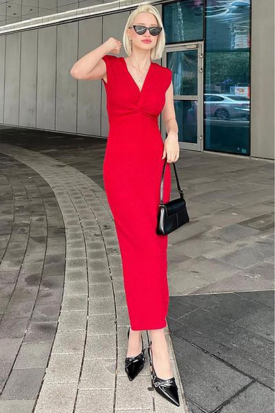 Madmext Burgundy V-Neck Shiny Dress MG2026