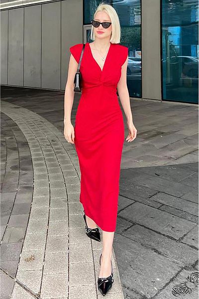 Madmext Burgundy V-Neck Shiny Dress MG2026