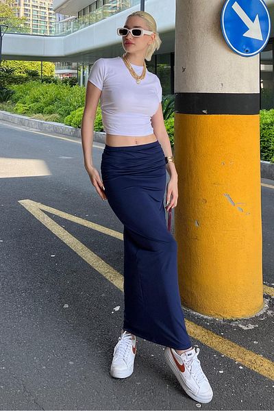 Madmext Μαξί φούστα Navy Blue Side Gathered MG2085