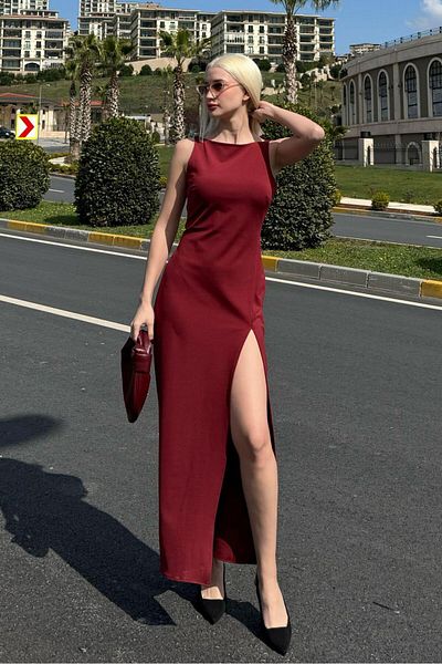 Madmext Rochie de damă cu detaliu cu fante maxi roșu Claret Mg2367