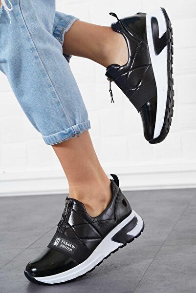 Moda Pie Vierm Ön Fermuarlı Paraşüt Kadın Spor Ayakkabı Siyah Rugan