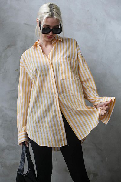 Madmext Gelb gestreiftes Oversize Damen Shirt Mg1688
