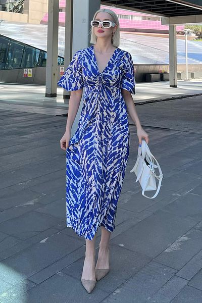Madmext Saks Patterned V-Neck Gathered Front Dress MG2068