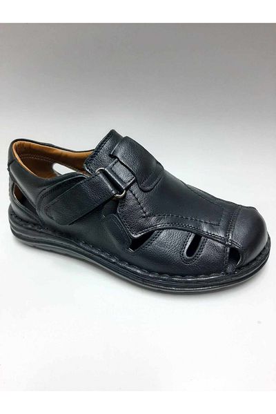 Luis Figo Lui̇s Fi̇go Genuine Leather Orthopedic Black Velvet Men's Sandals Number 38-39