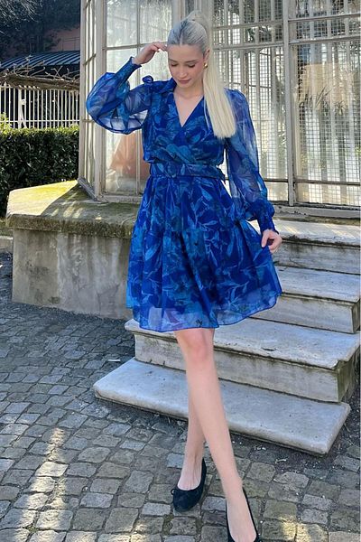 Madmext Indigo Double Breasted Collar Patterned Women's Dress MG2007