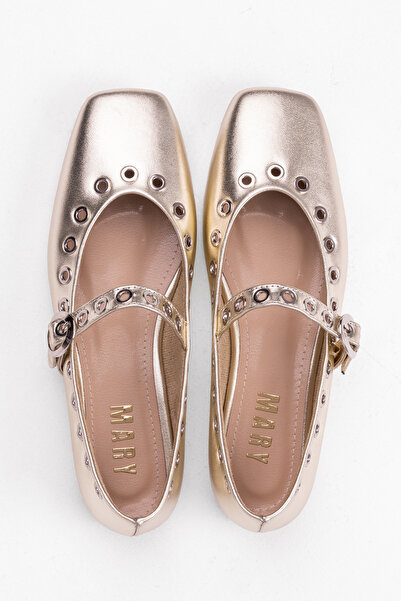 Tasarım FRİSTYMOD Metallic Gold Kadın Babet - Tokalı & Delikli Tasarım Özel Günler İçin Modern Stil