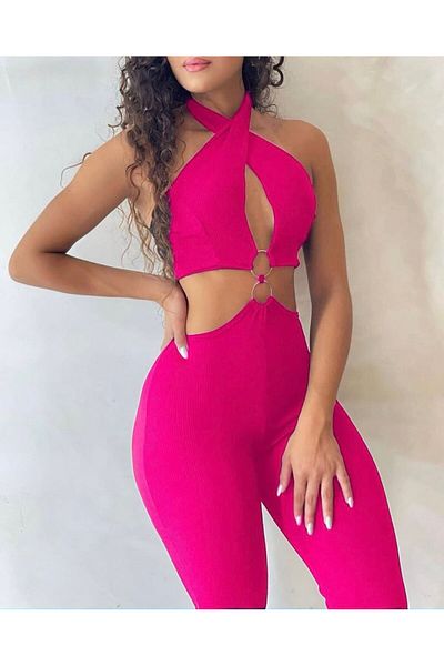 hipnoz butik Women's Ring Detailed Tight Leg Stretch Jumpsuit