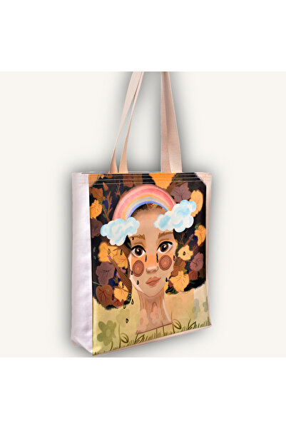 E was There El Çizimi Tasarımlı Kanvas Tote Bag Bez Çanta Omuz Çantası Körükl...