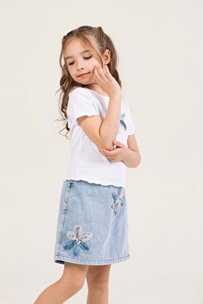 wakawakakidsstore Floral Print White Crop T-Shirt and Denim Skirt Girl's Set