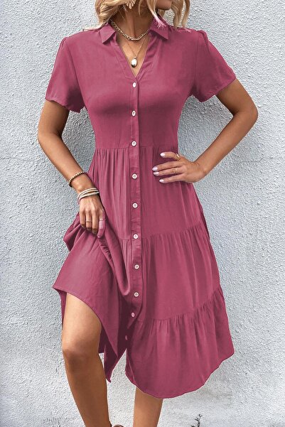 Madmext Bordo Gömlek Yaka Uzun Elbise MG1853