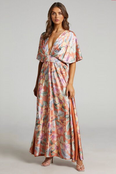 Madmext Turuncu Desenli Yırtmaç Detaylı Uzun Elbise Mg1698