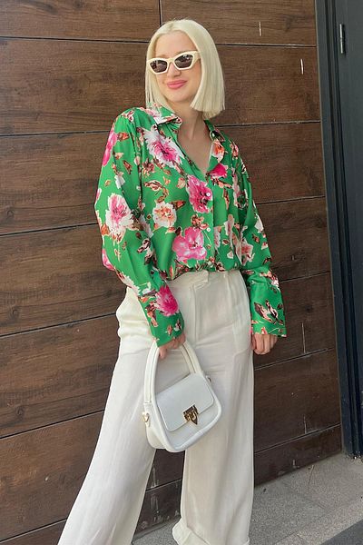 Madmext Cămașă verde din satin cu modele florale Mg1787