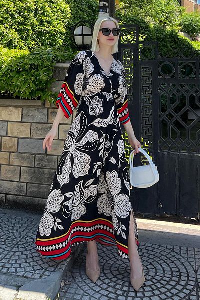 Madmext Black Long V-Neck Pattern Women's Dress MG2100