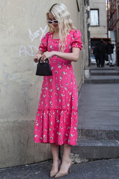 Madmext Pembe Çiçek Desenli Balon Kol Midi Elbise Mg1820