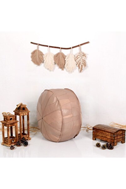 Ottoman Pouffe El Yapımı Hakiki Kuzu Derisi Bahçe Balkon Bungalov Puf Yer Minderi Krem 60x30cm(DOLGULU)