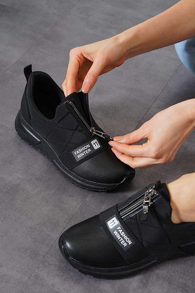 Moda Pie Pantofi sport pentru femei Vierm Parașuta cu fermoar în față, piele neagră