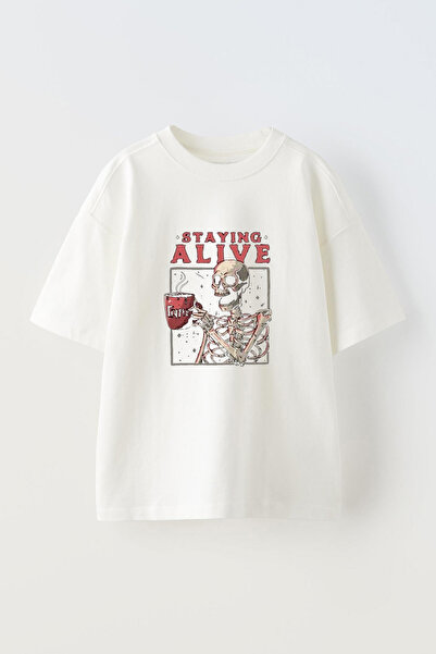 Anetos Tricou Stay-Alive-Design Front cu imprimeu Cotton White supradimensionat