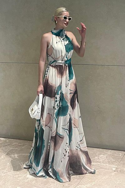 Madmext MG2162 Model Long Green Patterned Halter Neck Dress