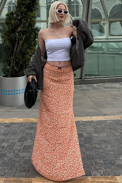 Madmext MG2082 Model Fusta Midi cu Fante cu Motiv Floral Portocaliu