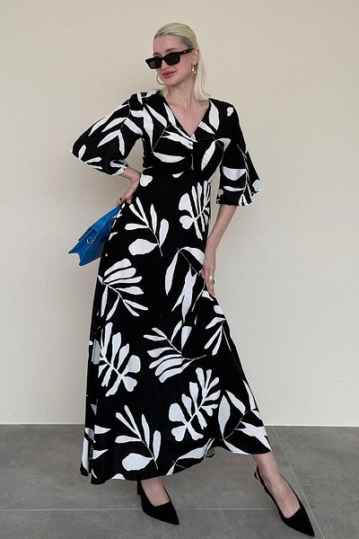 Madmext Black Print Half Sleeve Dress Mg2395