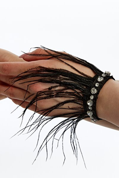 Grace Beauties Şık Taşlı Siyah Tüylü Özel Tasarım Bileklik Kına ve Özel geceler için