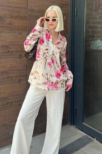 Madmext Bej Çiçek Desenli Saten Gömlek Mg1787