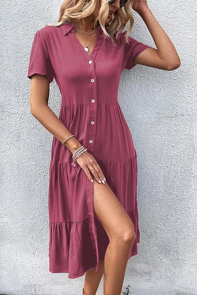 Madmext Rochie lungă cu guler cămașă burgundă MG1853