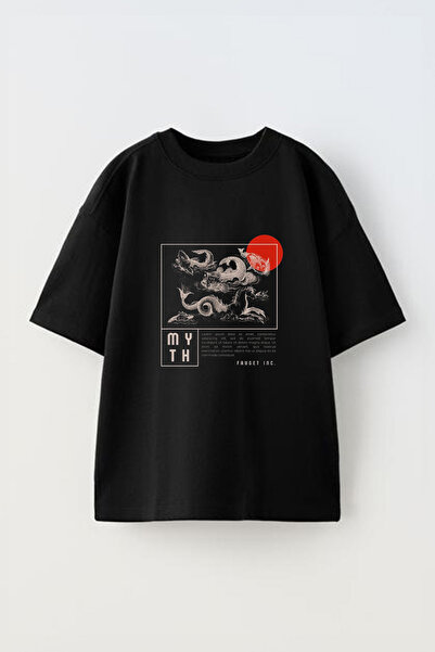 Anetos Tricou Myth Japan Design Front cu imprimeu Cotton Black supradimensionat