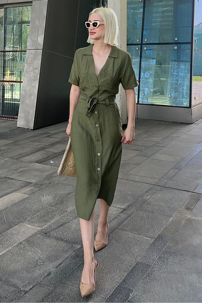 Madmext Green Long Dress - Shirt Collar, Pocket Detail, Buttoned - MG2083