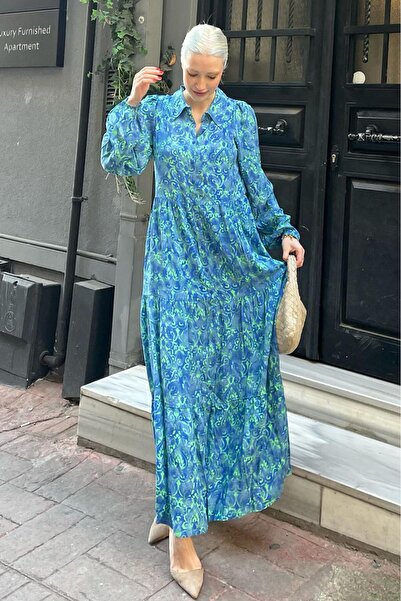 Madmext Μπλε φλοράλ φόρεμα με λαιμό πόλο με μισό κουμπί με ελαστικό αστραγάλο MG2029