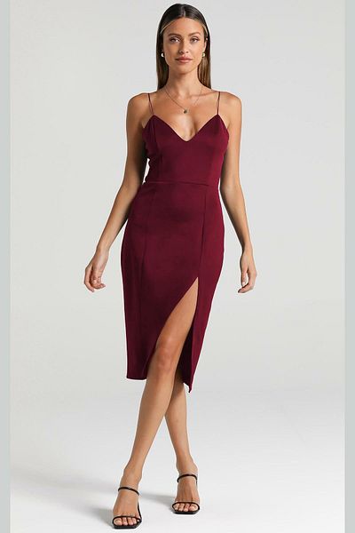 Madmext Rochie din satin cu decolteu în V bordeaux MG1742