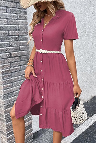 Madmext Bordo Gömlek Yaka Uzun Elbise MG1853