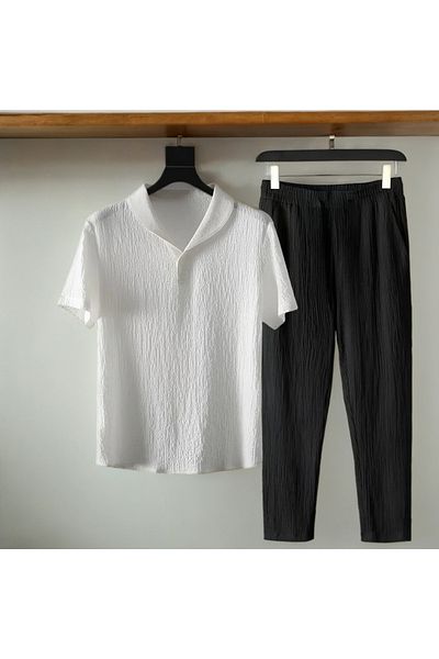 Fifty Color Men's Alaca Style Polo Neck Tshirt and Sweatpants Set
