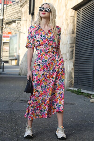 Madmext Μίντι φόρεμα γιακά πουκάμισου με ροζ φλοράλ σχέδιο Mg1821