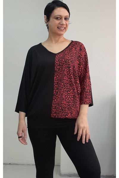 Mertcan Butik Black V-Neck Skirt Cuffed Dark Red Color Block Combed Viscose Bat Elbow Sleeve T-Shirt